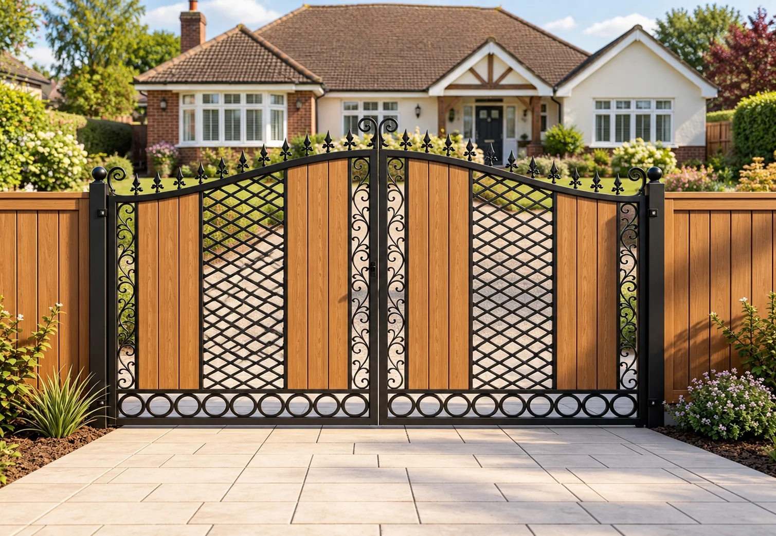 Home 94 Arched double gates with brown woodgrain infill, black lattice panels and decorative scrollwork.