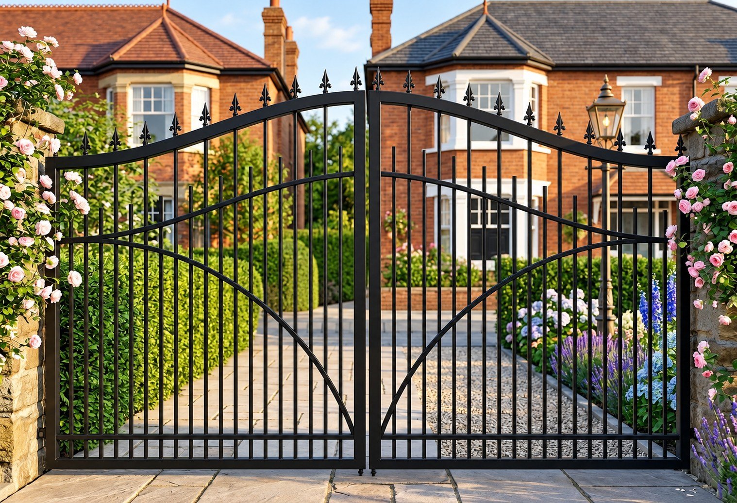 Home 19 Black arched metal driveway gates with vertical bars, curved rails and spear finials.