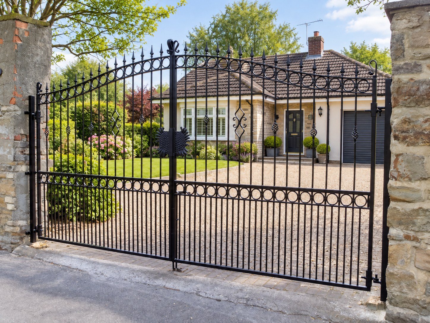 Home 31 Black arched metal driveway gates with circular detailing and spear finials between stone posts.