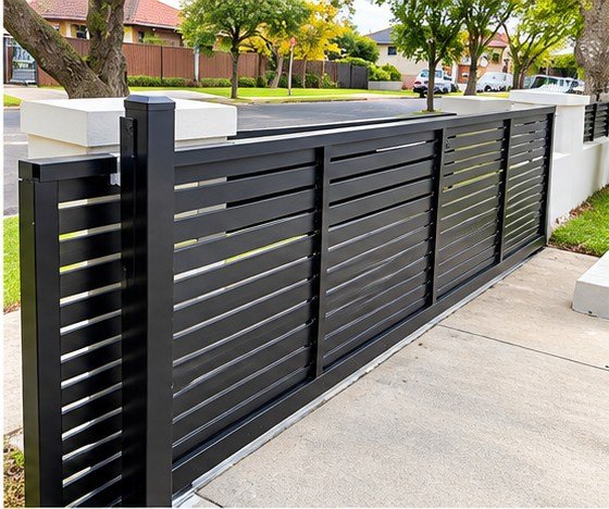 Home 28 Black metal driveway gate with horizontal slats beside pale walls.