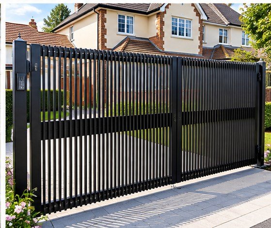 Home 25 Black metal driveway gates with closely spaced vertical bars and broad horizontal rails.