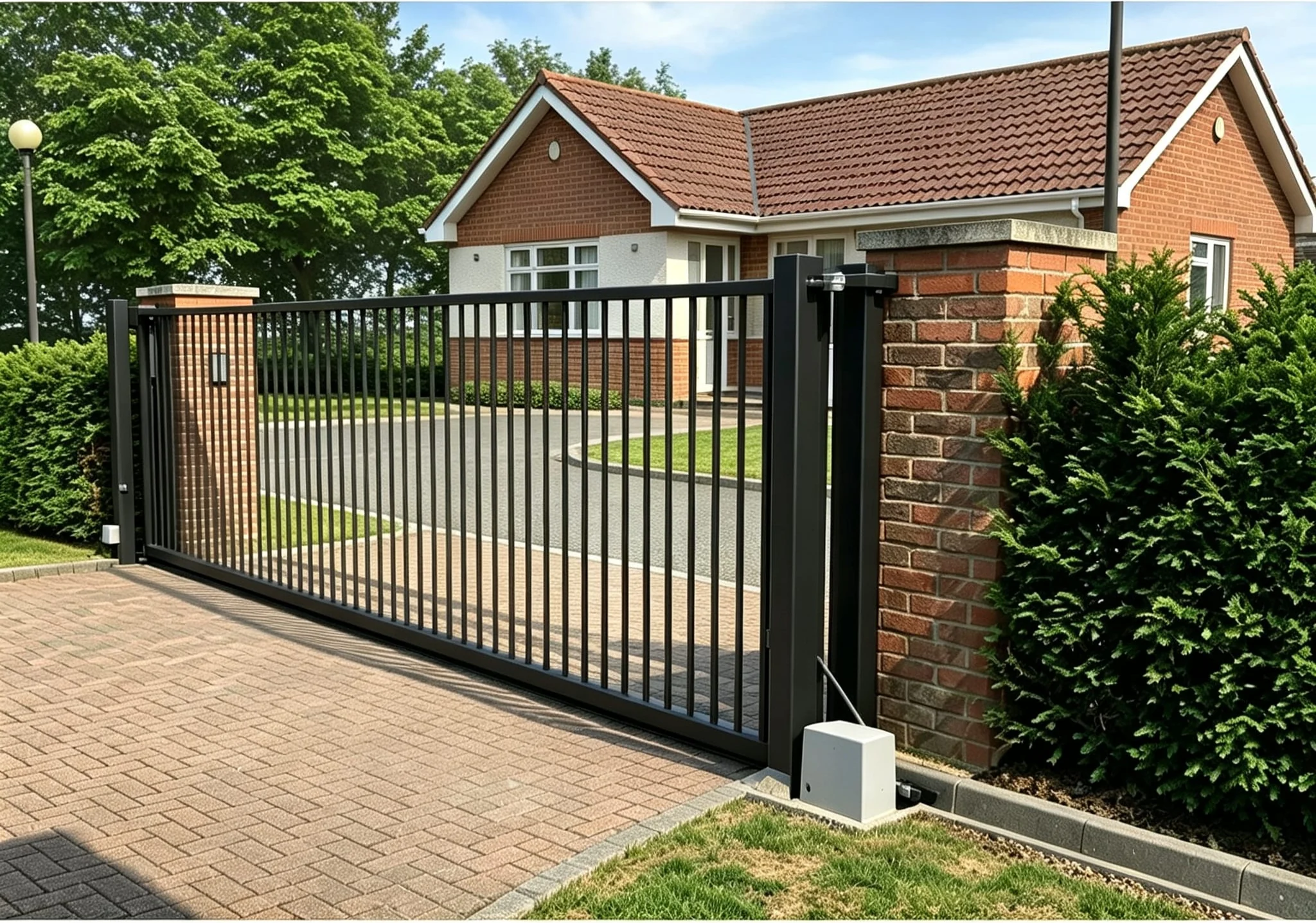 Home 106 Black metal driveway gate with vertical bars between brick pillars.
