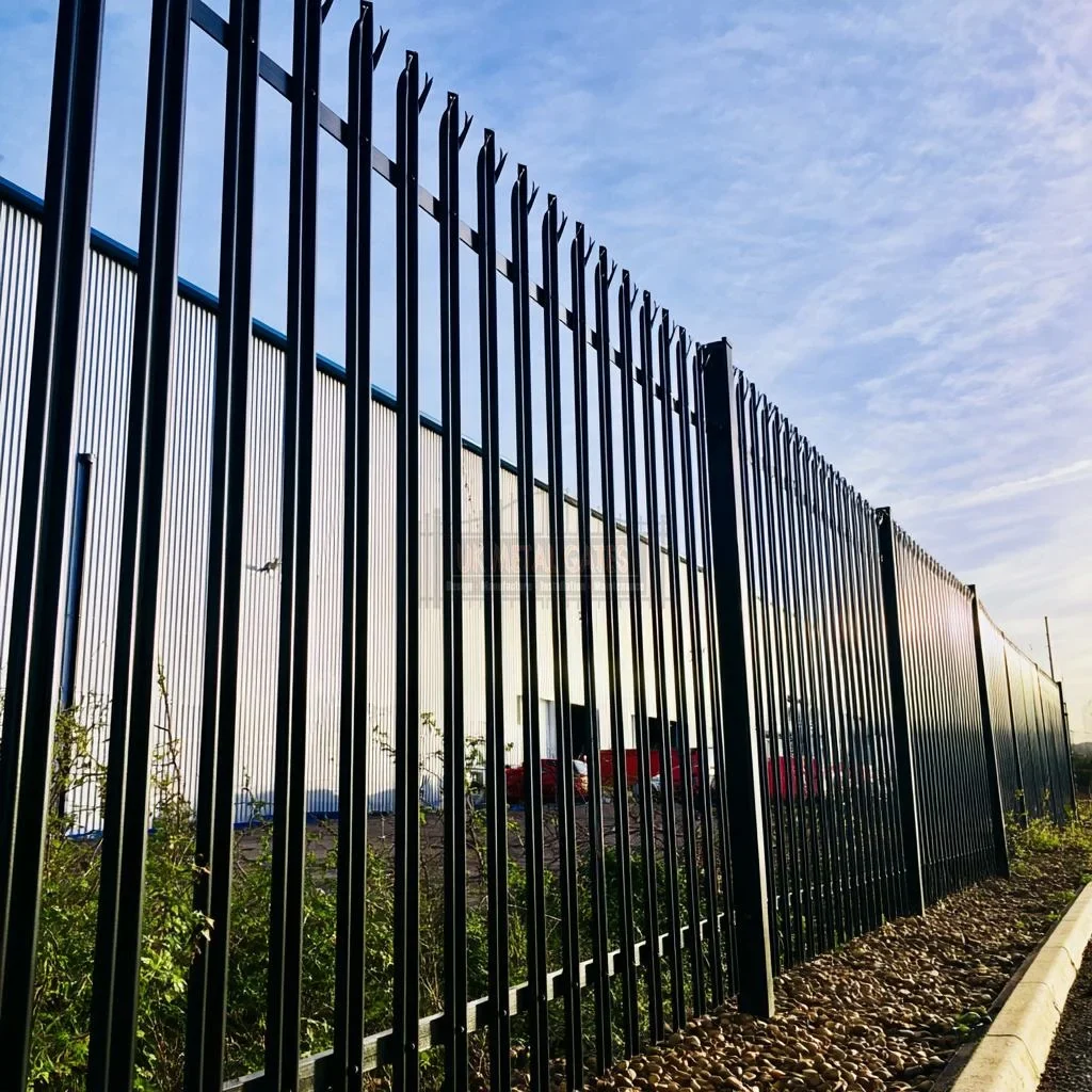 Home 91 Close angled view of black palisade fencing beside an industrial building.