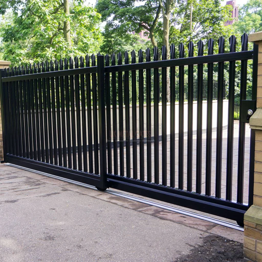 Home 85 Black palisade sliding gate between stone pillars beside trees.