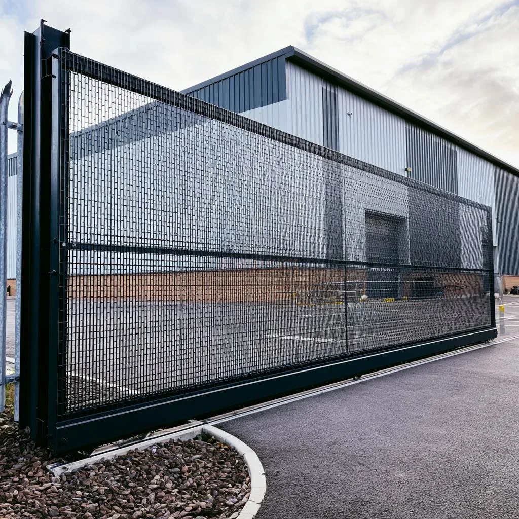 Home 83 Black wire mesh sliding gate on a ground track outside a warehouse.