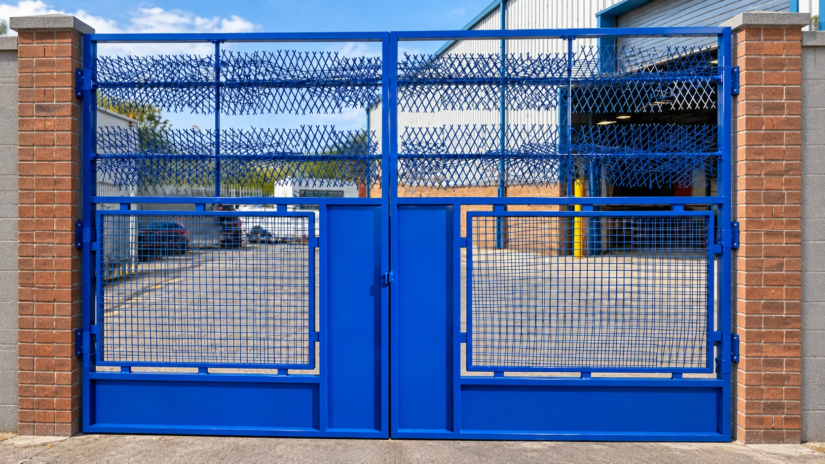 Home 104 Blue double security gates with mesh panels between brick pillars.