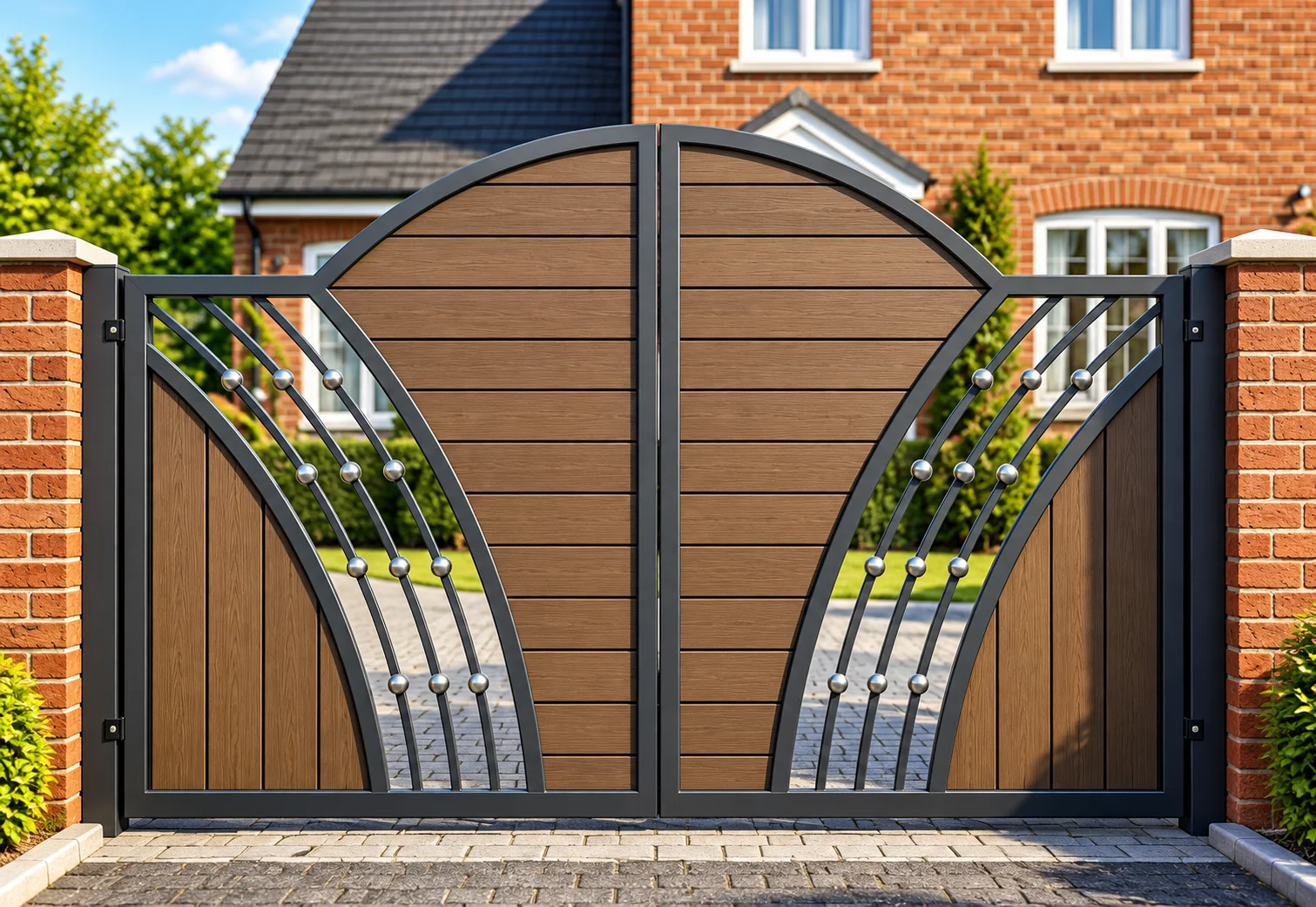 Home 41 Brown wood-effect composite driveway gates with arched black frames, curved metal detailing and silver decorative spheres between brick pillars.