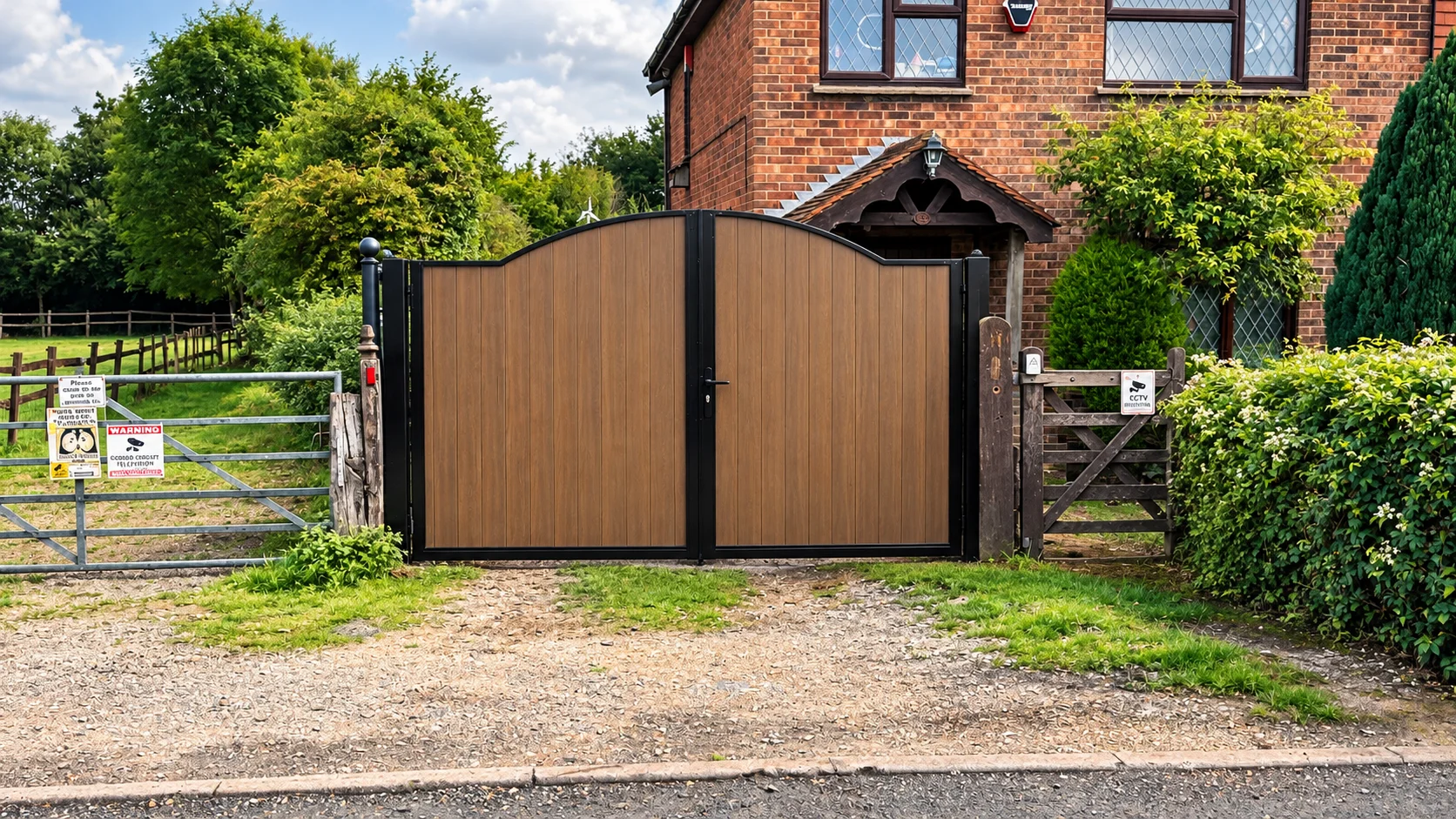 Home 40 Brown wood-effect driveway gate with a black metal frame at a brick home.