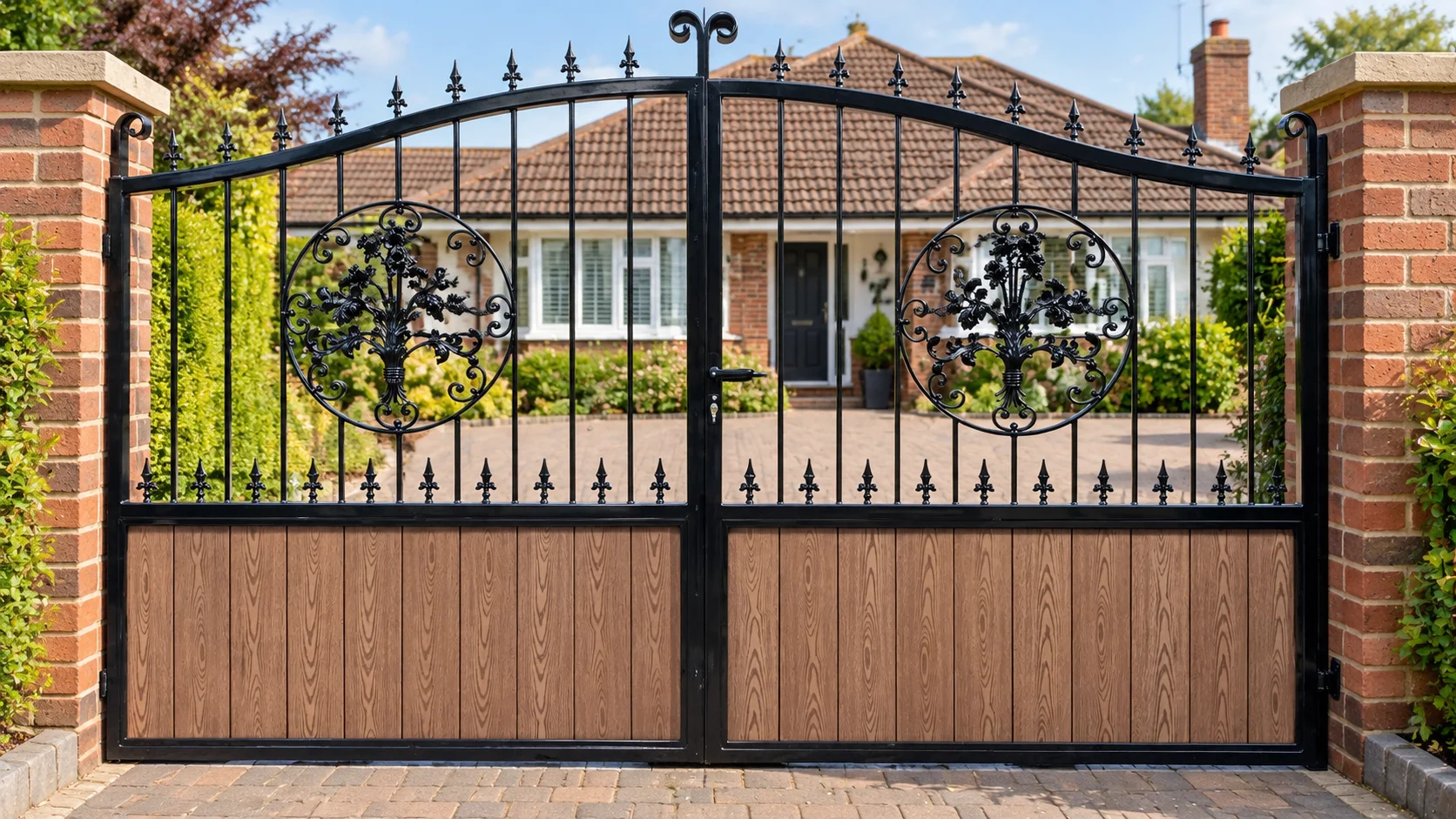 Home 50 Black driveway gates with brown wood-effect lower panels, open vertical bars and floral medallions.