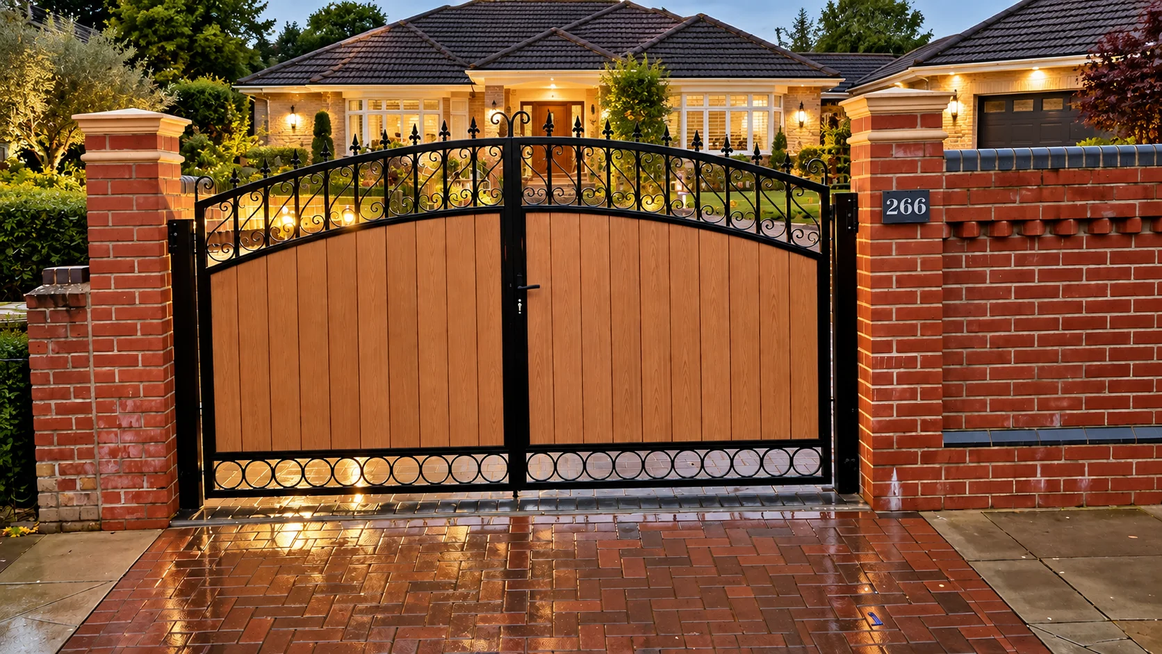 Home 46 Brown wood-effect driveway gates with black scrollwork, spear finials and circular lower detailing.