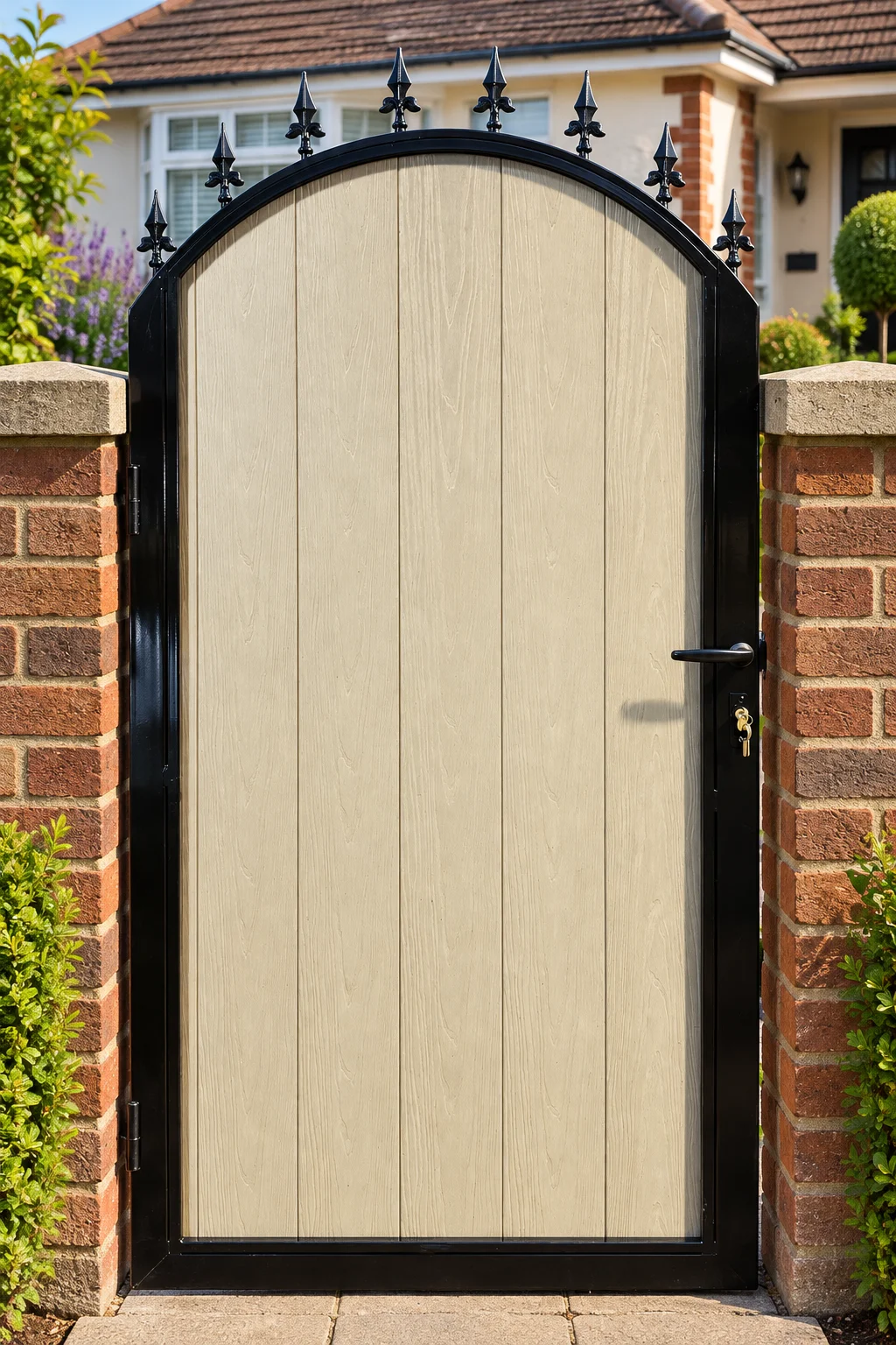 Home 52 Cream wood-effect pedestrian gate with an arched black frame and spear finials between brick pillars.