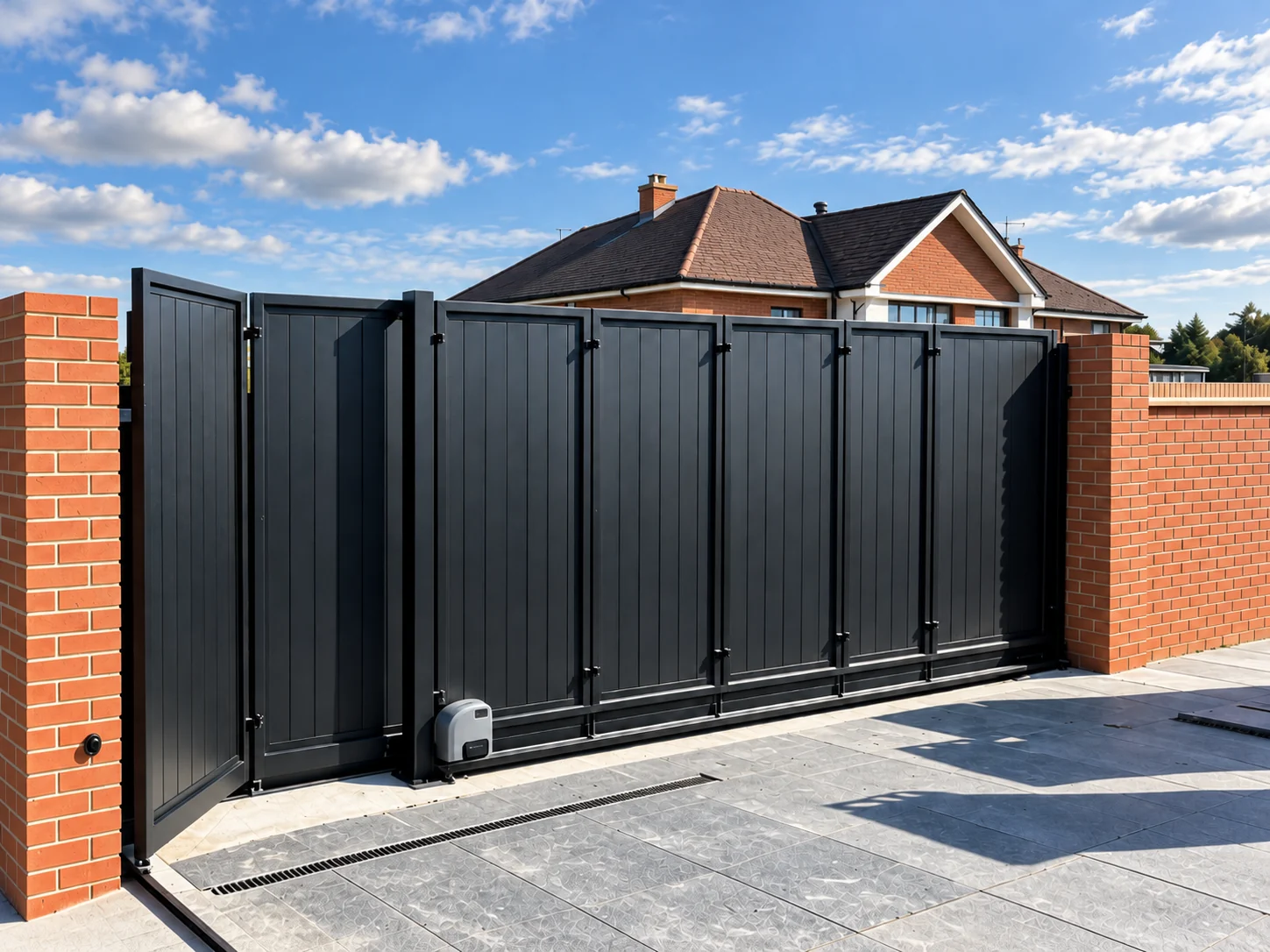 Home 98 Dark segmented gate with solid vertical panels, a ground track and brick pillars.