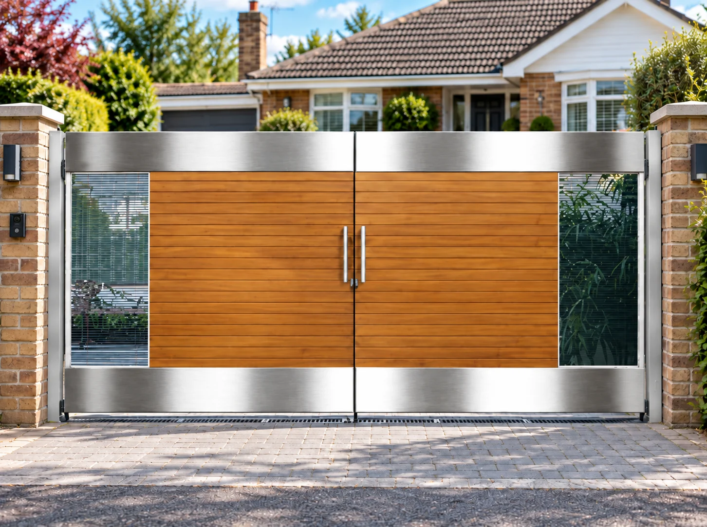 Home 99 Double gates with brown horizontal panels, silver-coloured frames and patterned side inserts between brick pillars.
