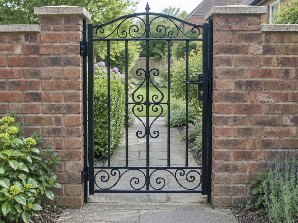 Home 105 Black scrollwork metal side gate between brick pillars