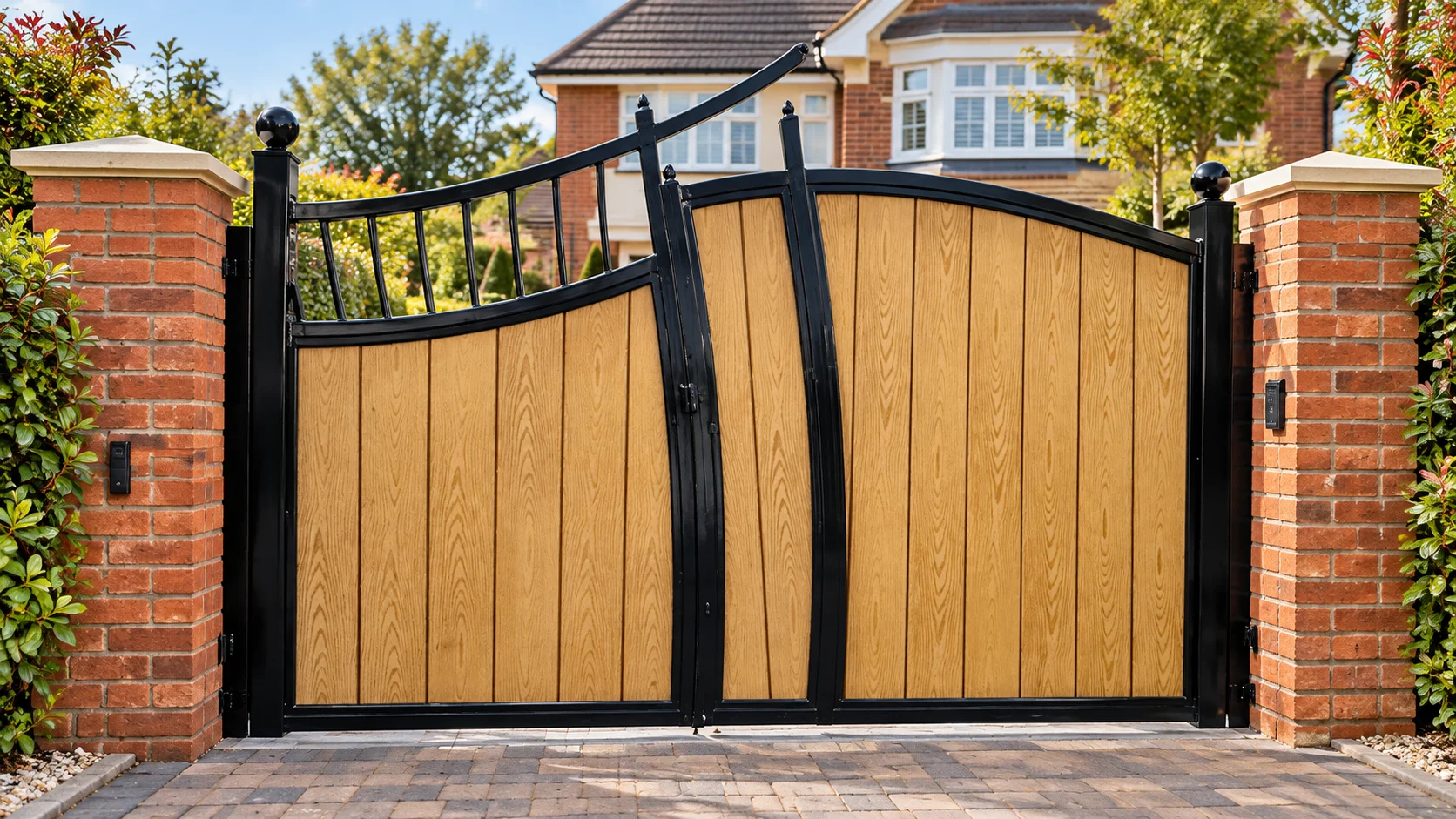 Home 49 Golden wood-effect driveway gate with angled black-framed panels between brick pillars.