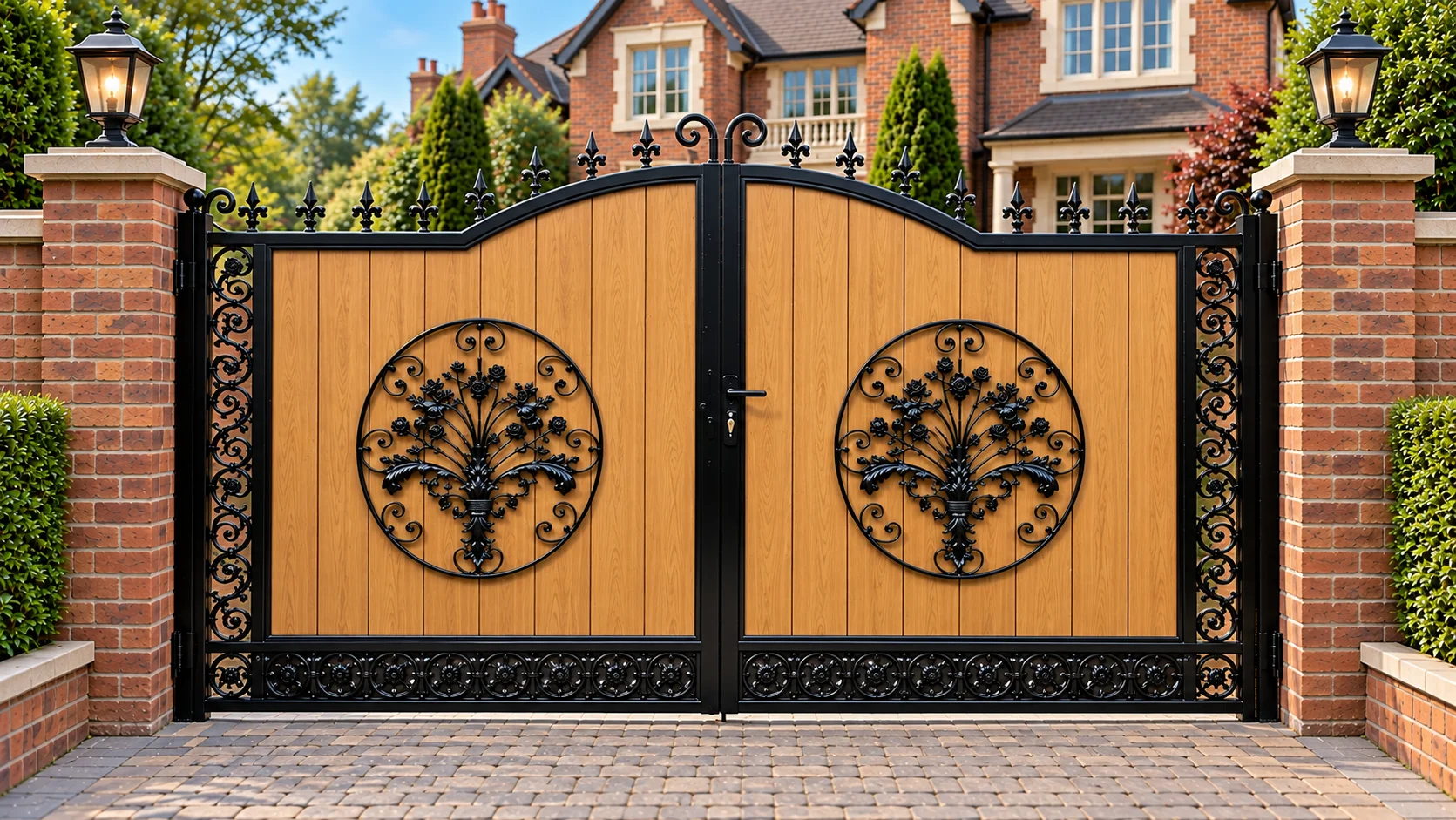 Home 36 Golden wood-effect driveway gates with black floral medallions and decorative finials between brick pillars.