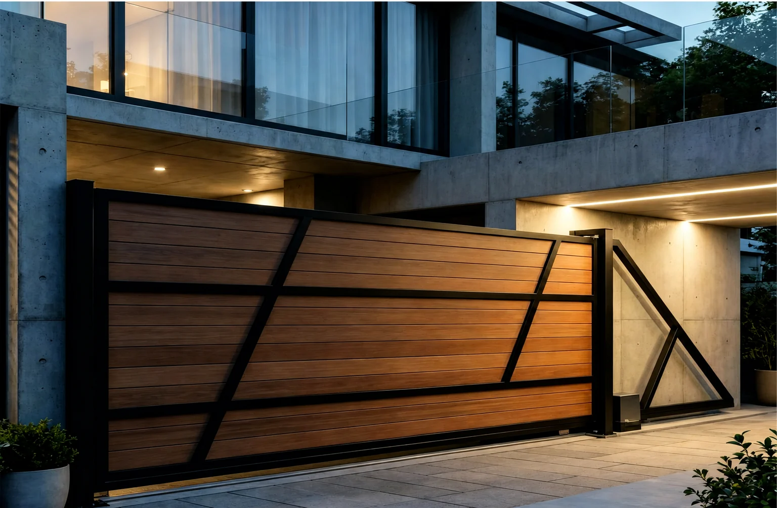 Home 108 Oak-colour composite gate with horizontal infill and a black frame outside a contemporary house.