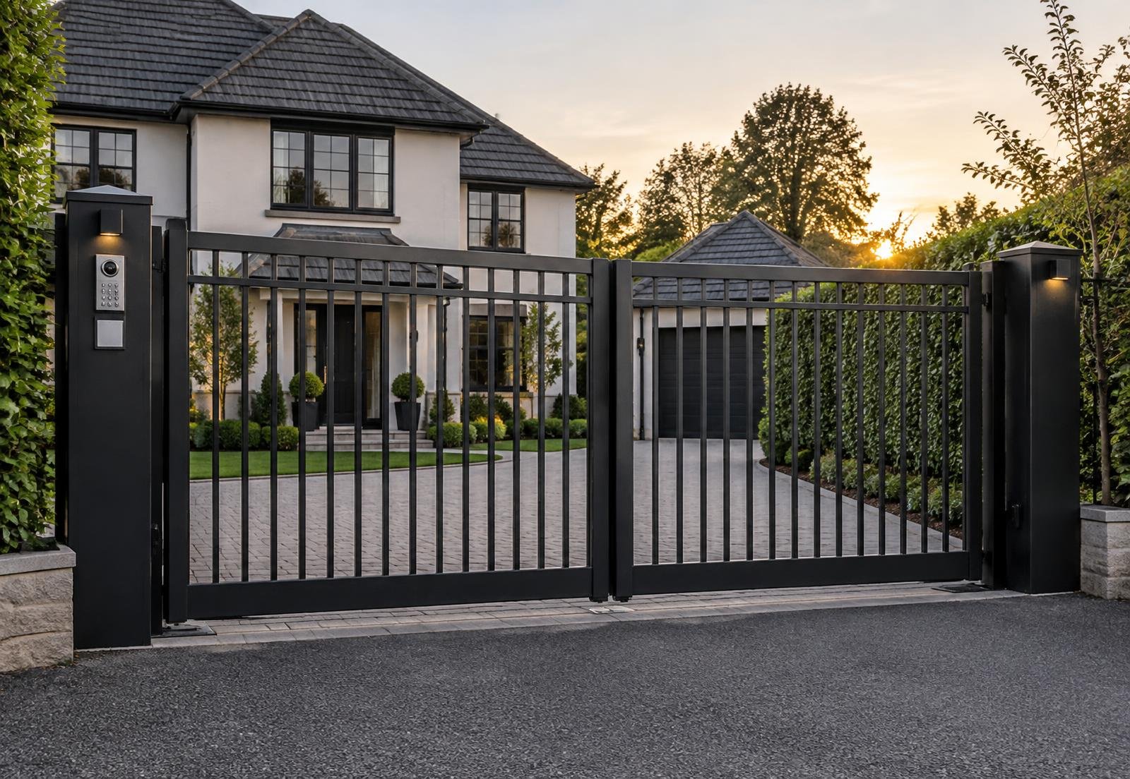 Home 100 Black steel double gate with vertical bars between dark pillars