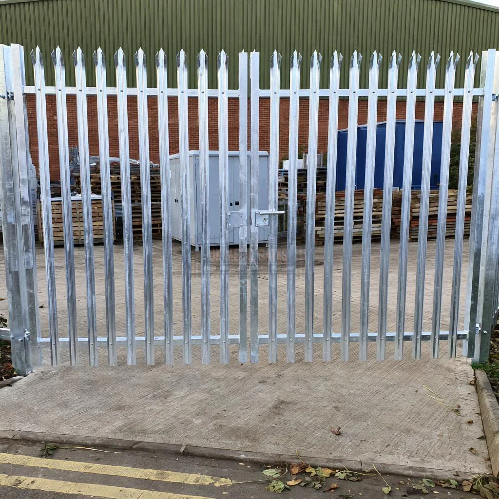 Home 77 Silver palisade double gates with a centre latch at an industrial entrance.