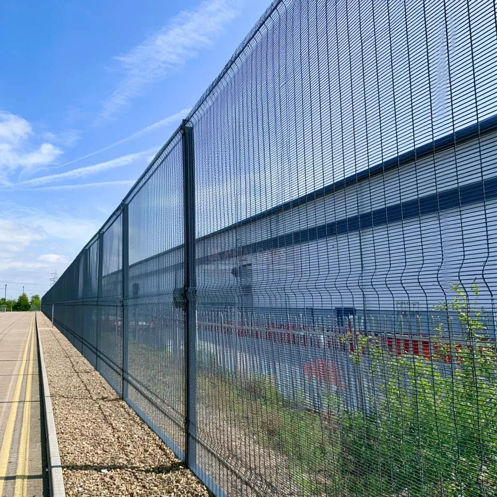 Home 88 Tall mesh security fencing beside an industrial building and paved road.
