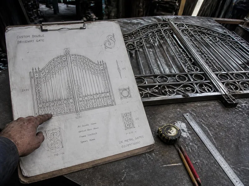 Home 13 Bespoke gate drawing beside the matching metalwork