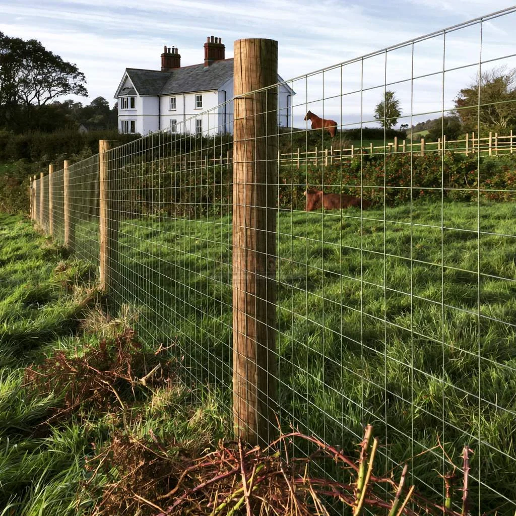Home 89 Rectangular wire field fencing supported by timber posts beside a grassy field.